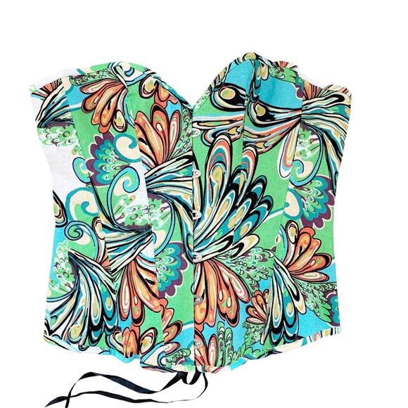 Alivila Retro Inspired Multicolor Printed Denim Lace Up Back Corset Bustier XL - Picture 5 of 11